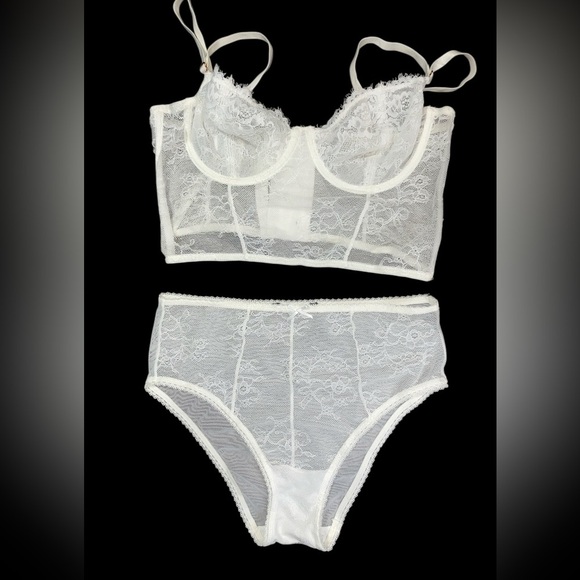 White Lace Lingerie Set Sheer Mesh Bustier & Panty Size Large - Picture 1 of 9